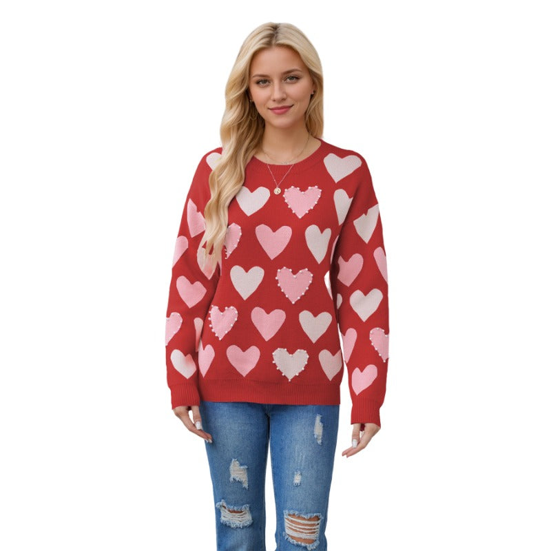Wholesale Valentine's Day Round Neck Handmade Beaded Peach Heart Pullover Sweater